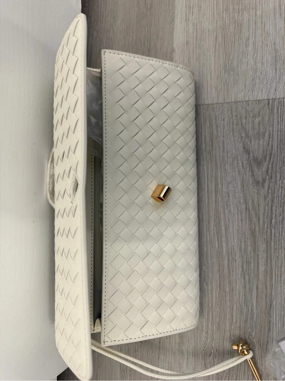Woven Vegan Leather Clutch Crossbody Bag in Cream with Gold Hardware NWT